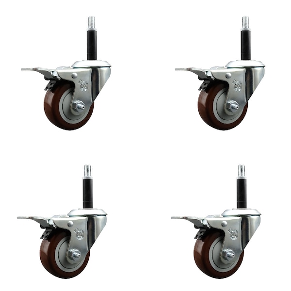3'' Maroon Poly Swivel 3/4'' Expanding Stem Caster Set Total Lock Brake, 4PK